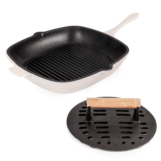 BergHOFF Neo 2pc Cast Iron 11" Grill Pan with Slotted Steak Press, Meringue