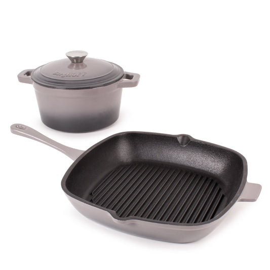 BergHOFF Neo 3pc Cast Iron Cookware Set, Grill Pan & Round Dutch Oven, Oyster