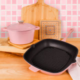 BergHOFF Neo 3pc Cast Iron Cookware Set, Grill Pan & Round Dutch Oven, Pink