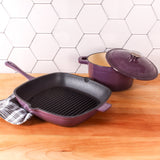 BergHOFF Neo 3pc Cast Iron Cookware Set, Grill Pan & Round Dutch Oven, Purple