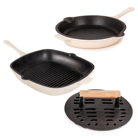 BergHOFF Neo 3pc Cast Iron Fry Pan & Grill Pan Set with Slotted Steak Press, Meringue