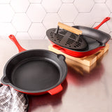 BergHOFF Neo 3pc Cast Iron Fry Pan & Grill Pan Set with Slotted Steak Press, Red