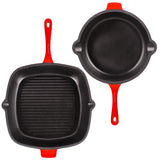 BergHOFF Neo 3pc Cast Iron Fry Pan & Grill Pan Set with Slotted Steak Press, Red