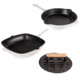 BergHOFF Neo 3pc Cast Iron Fry Pan & Grill Pan Set with Slotted Steak Press, White