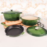 BergHOFF Neo 5pc Cast Iron Oval Dutch Oven Set with 10" Fry Pan, 5qt. & 8qt., Green