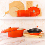 BergHOFF Neo 5pc Cast Iron Oval Dutch Oven Set with 10" Fry Pan, 5qt. & 8qt., Orange