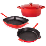 BergHOFF Neo 4pc Cast Iron Cookware Set, Grill Pan, Fry Pan & Oval Dutch Oven, Red