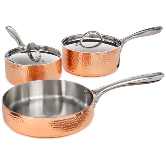BergHOFF Vintage 5pc Tri-Ply Copper Saucepan & Deep Skillet Cookware Set, SS Lids, Hammered