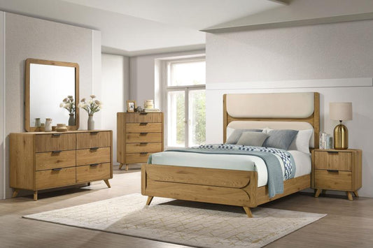 Bennett Twin Cream Upholstered 5-Piece Mid-Century Bedroom Set Light Oak