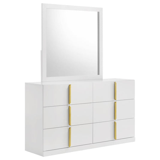 Ines 6-Drawer Bedroom Dresser with Mirror White High Gloss