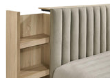 Arielle Eastern King Upholstered Bookcase Bed Light Tan and Light Oak