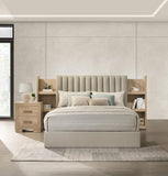 Arielle Eastern King Upholstered Bookcase Bed Light Tan and Light Oak