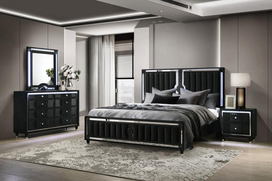Ravenne 4-Piece Velvet Upholstered Queen LED Bedroom Set Black