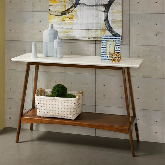 Midcentury Pecan Wood Console Table with Bottom Shelf