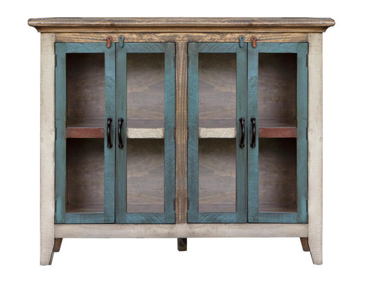 4 Glass Door 50" Console - Antique Pine Rustic Furniture
