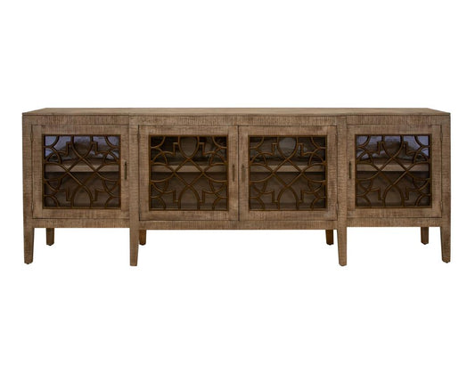 4 Door Mandala Console - Pine Wood Glass Door Cabinet