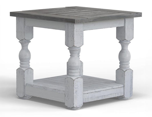 Farmhouse End Table - Solid Pine Wood with Distressed White Finish