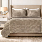 Soft Velvet Cross Stitch Coverlet Set with Shams, Taupe