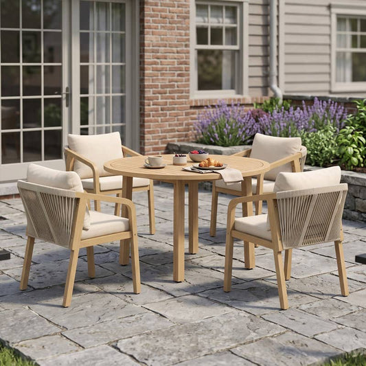4-Person All Weather Acacia Wood Outdoor Dining Set with Water-Resistant Cushions and Umbrella Hole