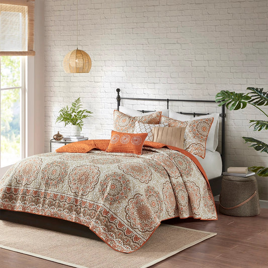 6 Piece Floral Medallion Reversible Quilt Set, Orange