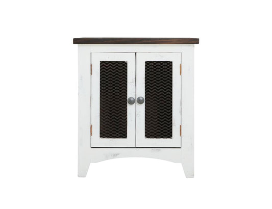 2 Metal Mesh Doors End Table | Pueblo White Rustic Pine