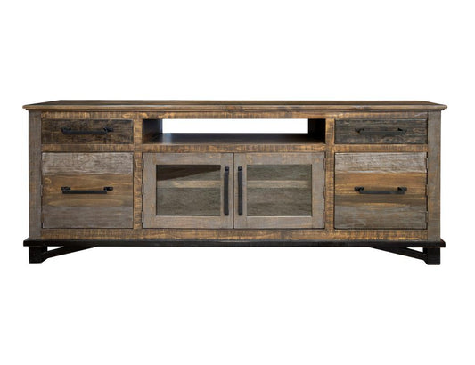 2 Drawer 4 Door 76" TV Stand - Loft Brown Pine Wood Collection