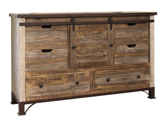 6 Drawer Dresser with Sliding Door | Antique Pine Wood