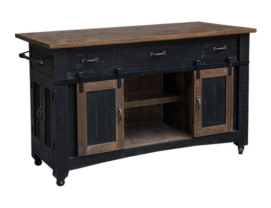 Pueblo Black 3 Drawer Kitchen Island - Solid Pine Wood