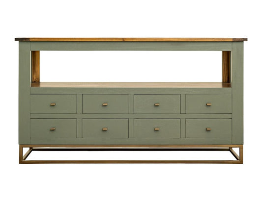 8 Drawer Sofa Table with Shelf - Green Timber Occasional Table