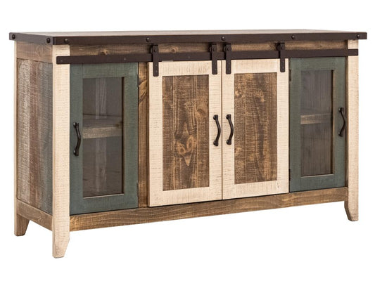 2 Glass Doors 2 Sliding Doors TV Stand - Rustic Antique Multicolor