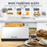 Plum Chef 4-Slice Extra Wide Long Slot Toaster (Silver, 1350W) - Stainless Steel, Removable Crumb Tray, 6 Browning Settings & Bagel/Defrost/Reheat Functions