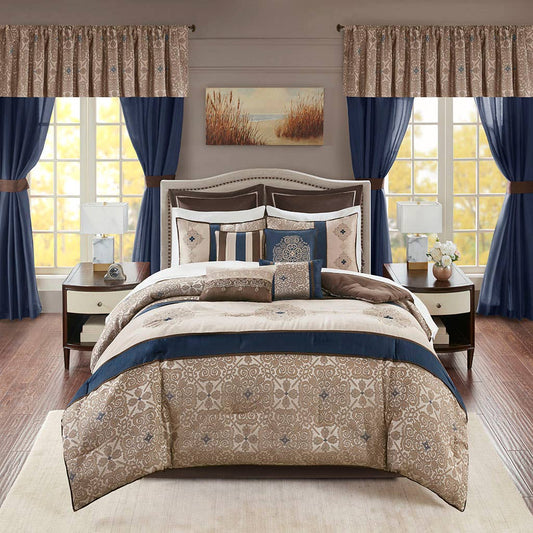 24-Piece Room-in-A-Bag Medallion Comforter Set, Navy Blue