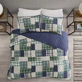 3 Piece Reversible Patchwork Printed Quilt Set, Green / Navy