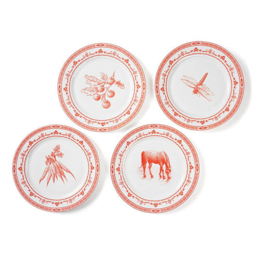 Blue Stallion Red White Farm Dinner Plates Set of 4