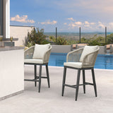 PURPLE LEAF Outdoor Bar Stools Patio Modern Aluminum Rattan High Back & Arms Bar Chairs with Removable Cushions and Pillows for Outdoor or Indoor