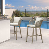 PURPLE LEAF Outdoor Bar Stools Patio Modern Aluminum Rattan High Back & Arms Bar Chairs with Removable Cushions and Pillows for Outdoor or Indoor