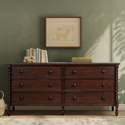 70"W 6-Drawer Large Spindle Wood Dresser, Morocco Brown *