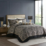 5 Piece Jacquard Bedspread Set with Throw Pillows, Black