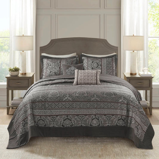 5 Piece Reversible Jacquard Bedspread Set, Grey