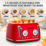Plum Chef 4 Slice Retro Style Toaster, Dual Control Toaster, 6 Browning Settings, Bagel/Defrost Functions, Removable Crumb Tray, Stainless Steel Housing 1650W, Red