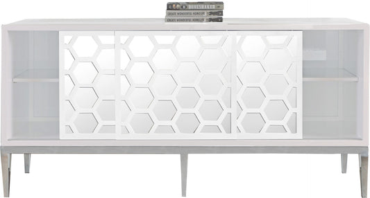 Zoey Contemporary Sideboard Buffet with Mirrored Inserts, White Lacquer Finish & Storage Space