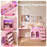 Rotatable L-Shaped Vanity Desk with Led Light, Double Arched