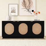 Cane Elegant Mid Century Sideboard Buffet with Natural Cane and Brushed Brass Handles for Storage