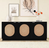 Cane Elegant Mid Century Sideboard Buffet with Natural Cane and Brushed Brass Handles for Storage
