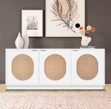 Cane Elegant Mid Century Sideboard Buffet with Natural Cane and Brushed Brass Handles for Storage