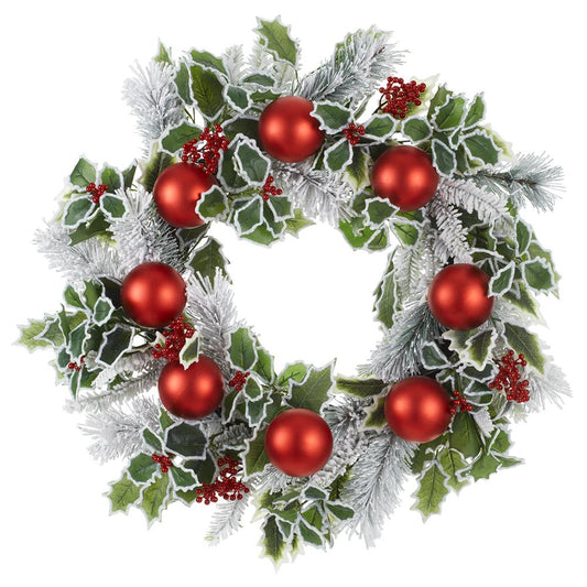 24" Snowy Holly Red Ornament Wreath