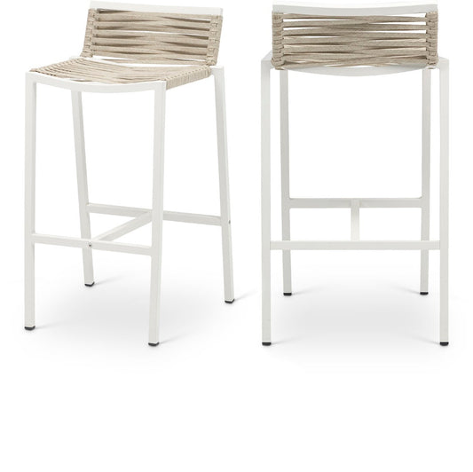 Maldives Outdoor Patio Barstool Set - Contemporary Beige Rope Fabric & White Aluminum Frame