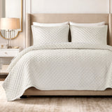 Soft Velvet Cross Stitch Coverlet Set with Shams, White