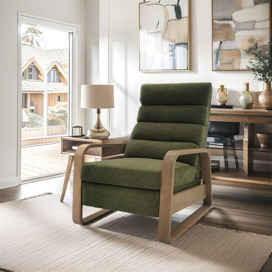 Mid-Century Wood Framed Push Back Recliner, Green*
