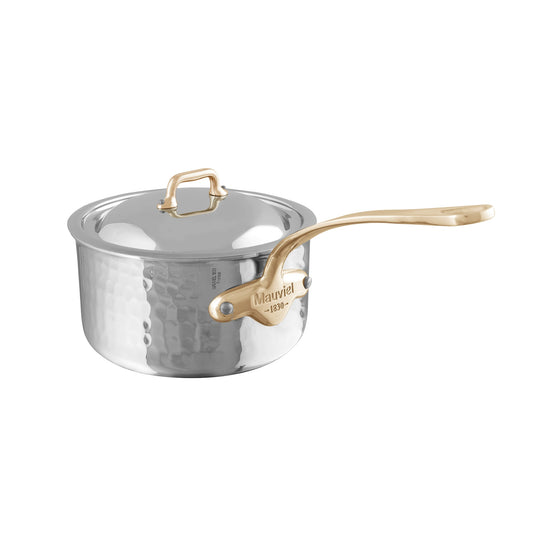 Mauviel M'ELITE B Hammered 5-Ply Sauce Pan With Curved Lid, Brass Handle